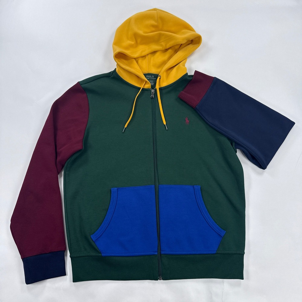 Polo Ralph Lauren Hoodie Mens Medium Colorblock Double Knit Full Zip Green Multi